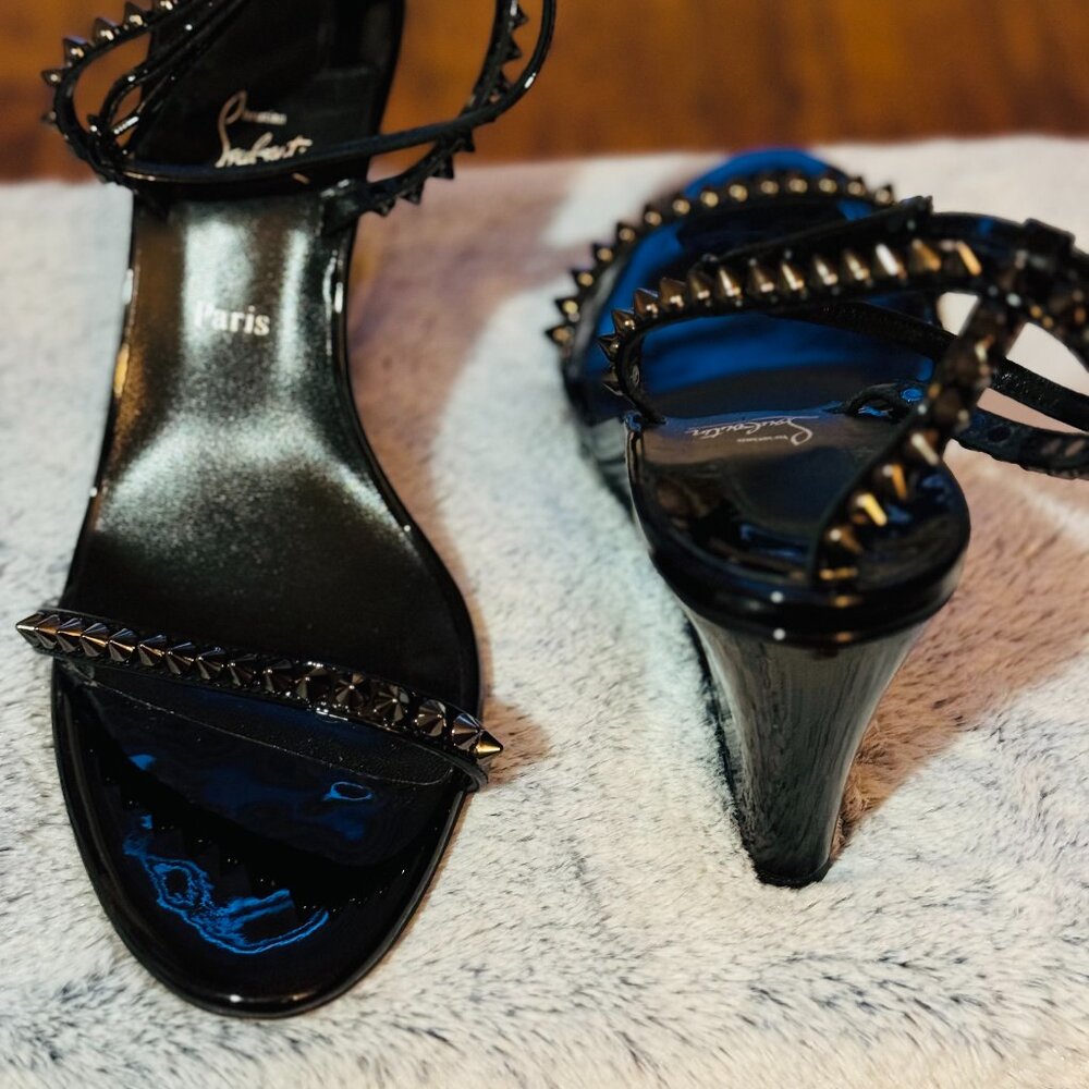 CHRISTIAN LOUBOUTIN SO ME WEDGE SPIKED STUDDED ANKLE STRAPPED HEELS